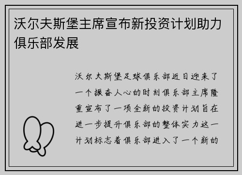 沃尔夫斯堡主席宣布新投资计划助力俱乐部发展